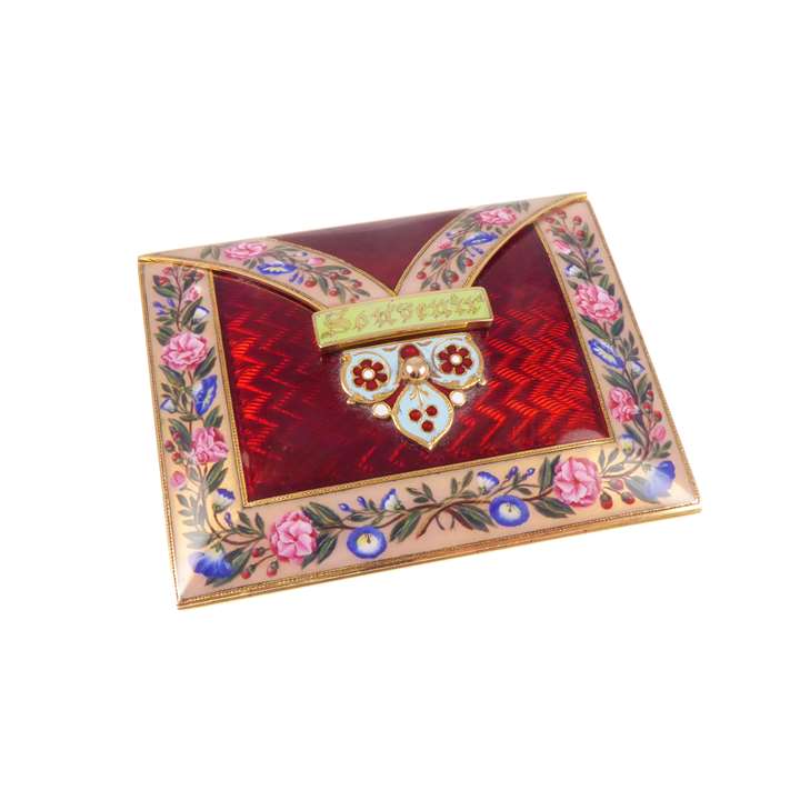 18ct gold and enamel box in the form of a bombe envelope, retailed by Fossin